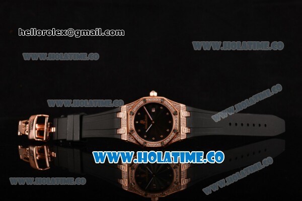 Audemars Piguet Royal Oak Lady Swiss Quartz Rose Gold/Diamonds Case with Black Dial and Black Rubber Strap (EF) - Click Image to Close